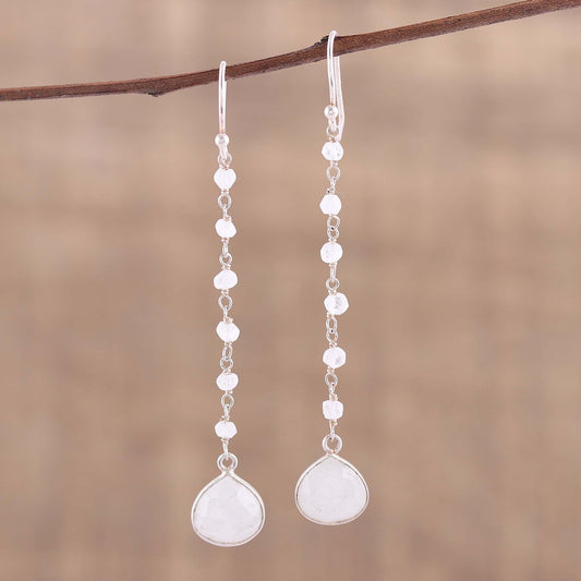 Morning Drops Rainbow Moonstone Teardrop Dangle Earrings from India