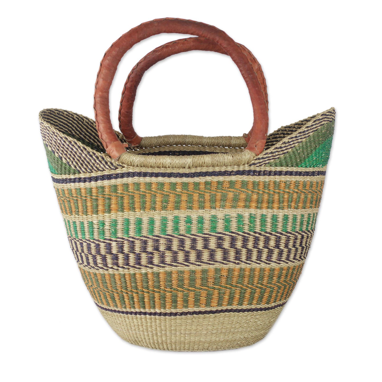 Supper Basket Hand Woven Raffia Natural Fiber Tote with Leather Strap