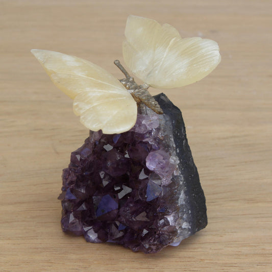 Honeyed Butterfly Gemstone Butterfly Sculpture in Honey Calcite and Amethyst