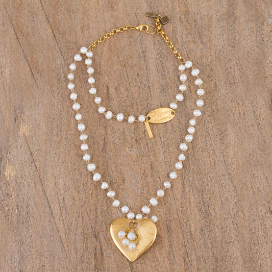 Heartfelt Glow Gold Plated Cultured Pearl Heart Necklace from Mexico