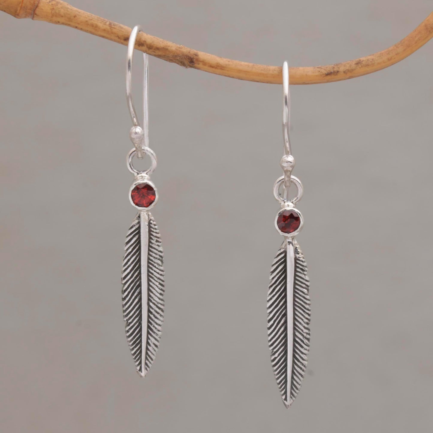 Phoenix Feathers Garnet Feather-Shaped Dangle Earrings from Bali