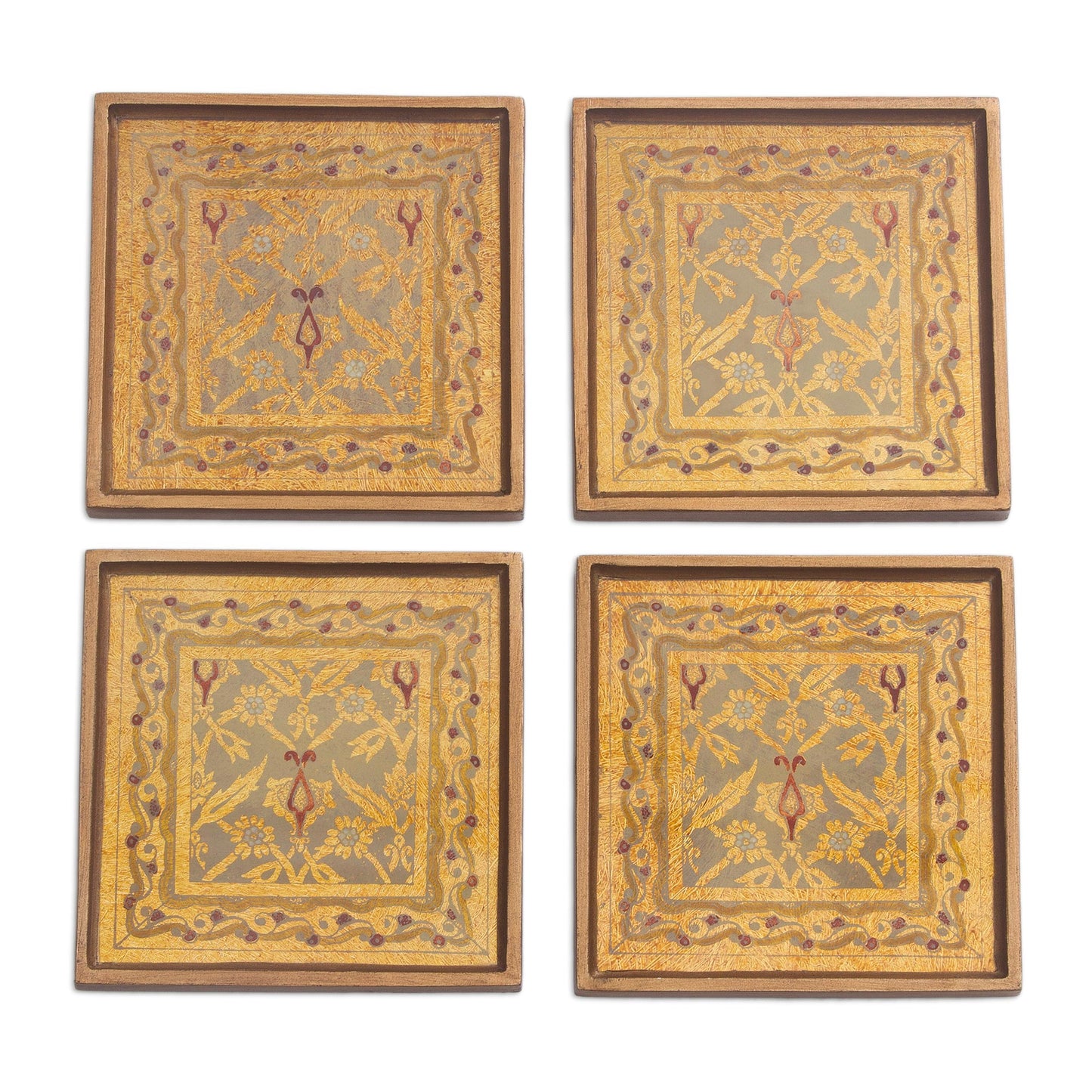 Colonial Gold Four Floral Gold-Tone Reverse Painted Glass Coasters