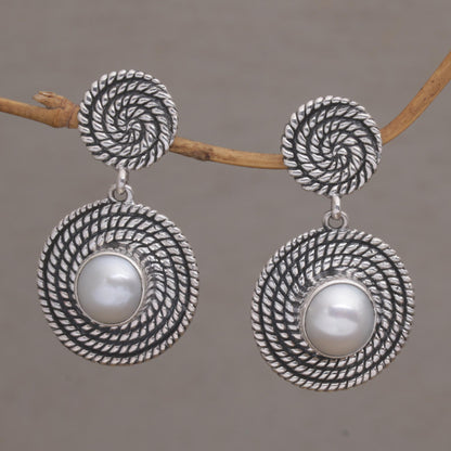 Moonlight Spirals Spiral Motif Cultured Pearl Dangle Earrings from Bali