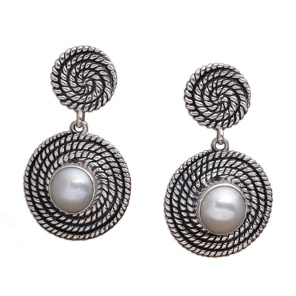 Moonlight Spirals Spiral Motif Cultured Pearl Dangle Earrings from Bali