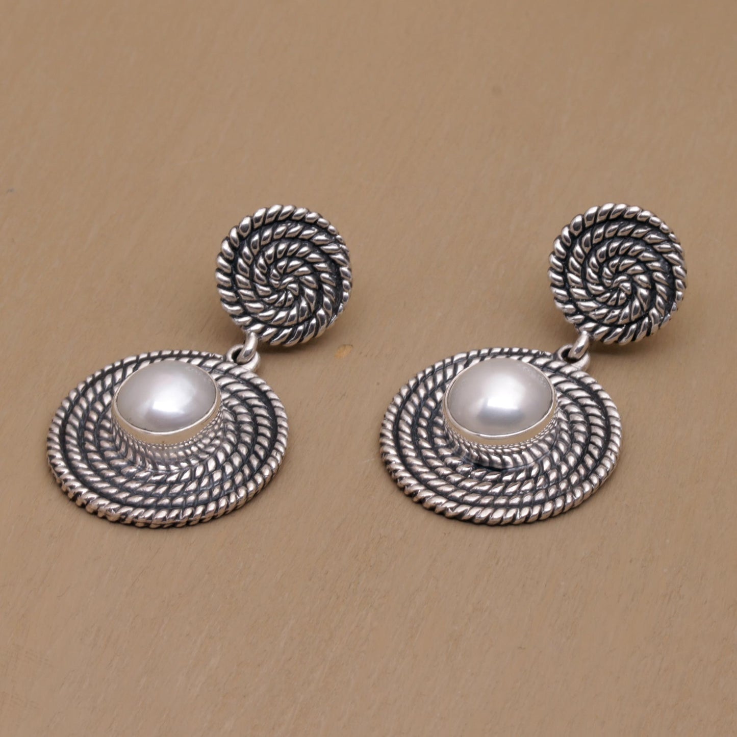 Moonlight Spirals Spiral Motif Cultured Pearl Dangle Earrings from Bali