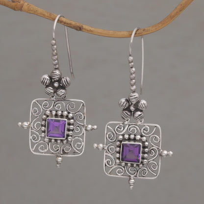 Floral Squares Floral Amethyst and Silver Dangle Earrings from Bali