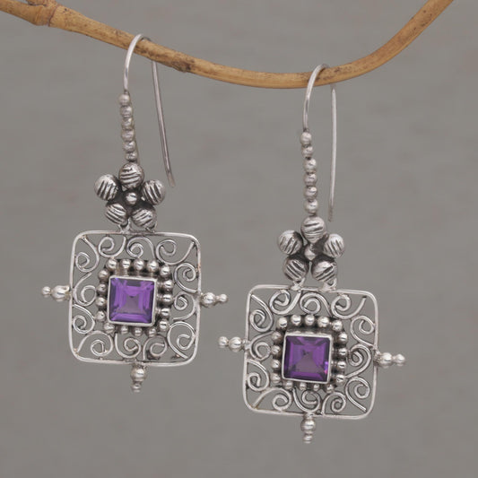 Floral Squares Floral Amethyst and Silver Dangle Earrings from Bali