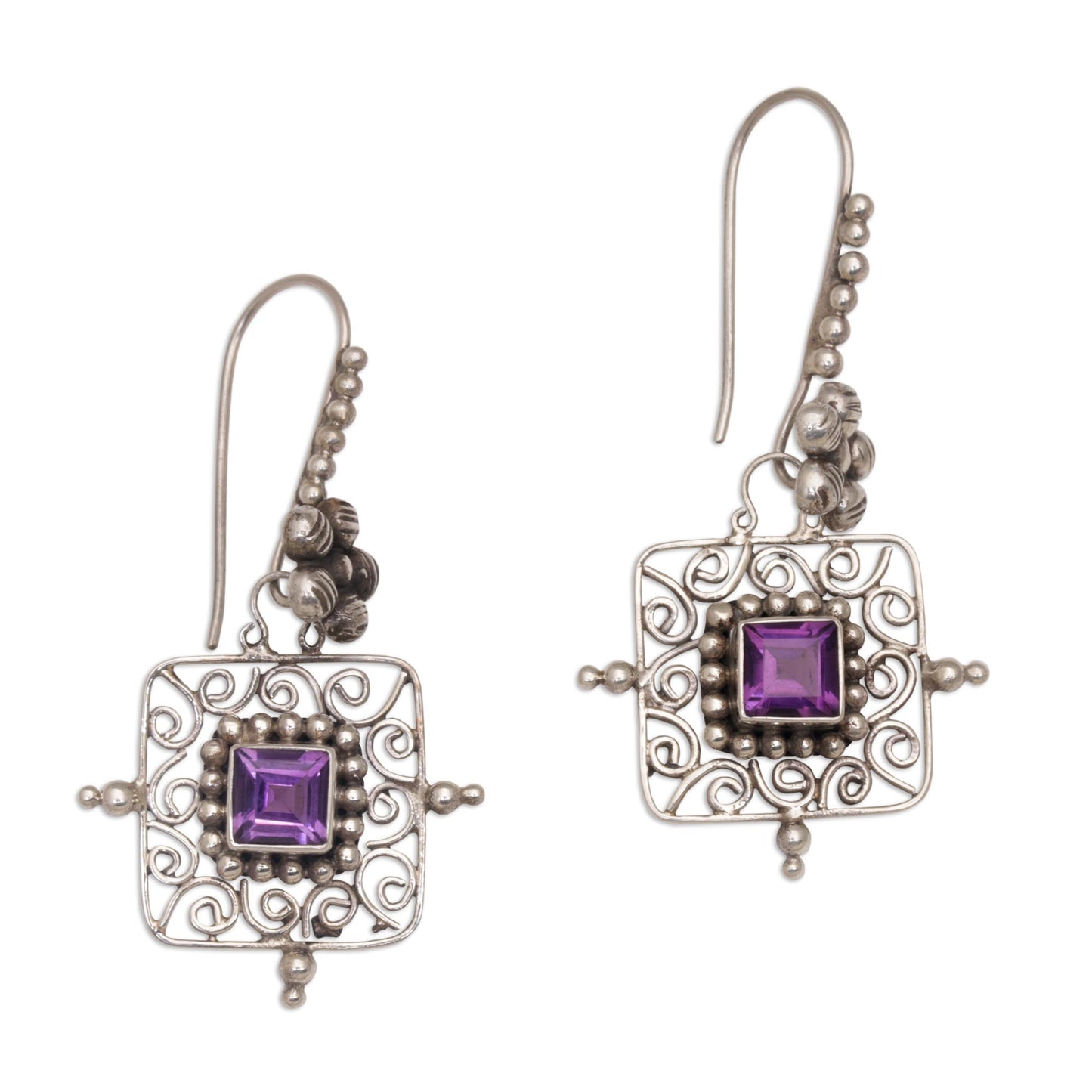 Floral Squares Floral Amethyst and Silver Dangle Earrings from Bali