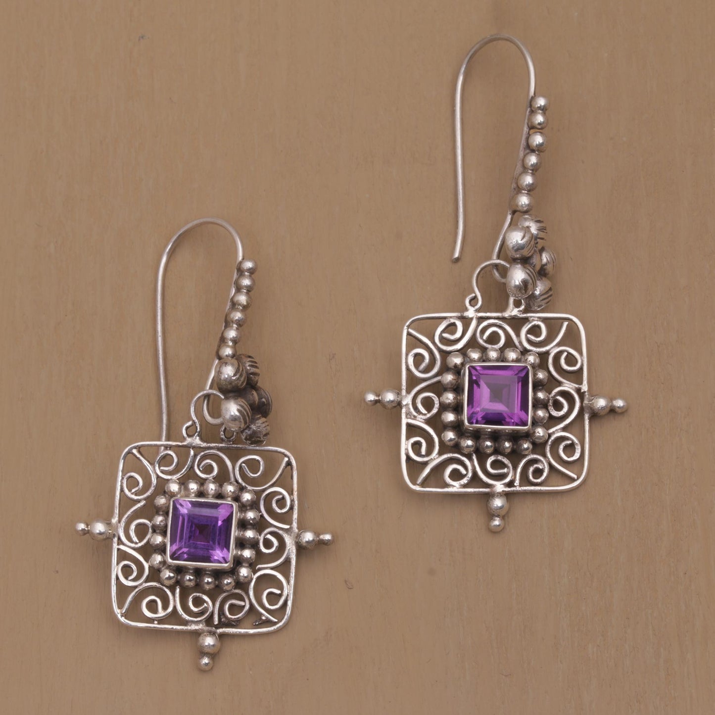 Floral Squares Floral Amethyst and Silver Dangle Earrings from Bali