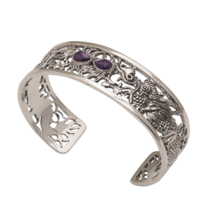 Dragon Duel Dragon Themed Sterling Silver and Amethyst Cuff Bracelet