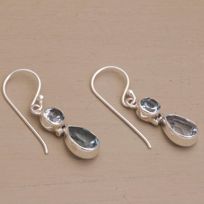 Double Drops Blue Topaz & Silver Dangle Earrings