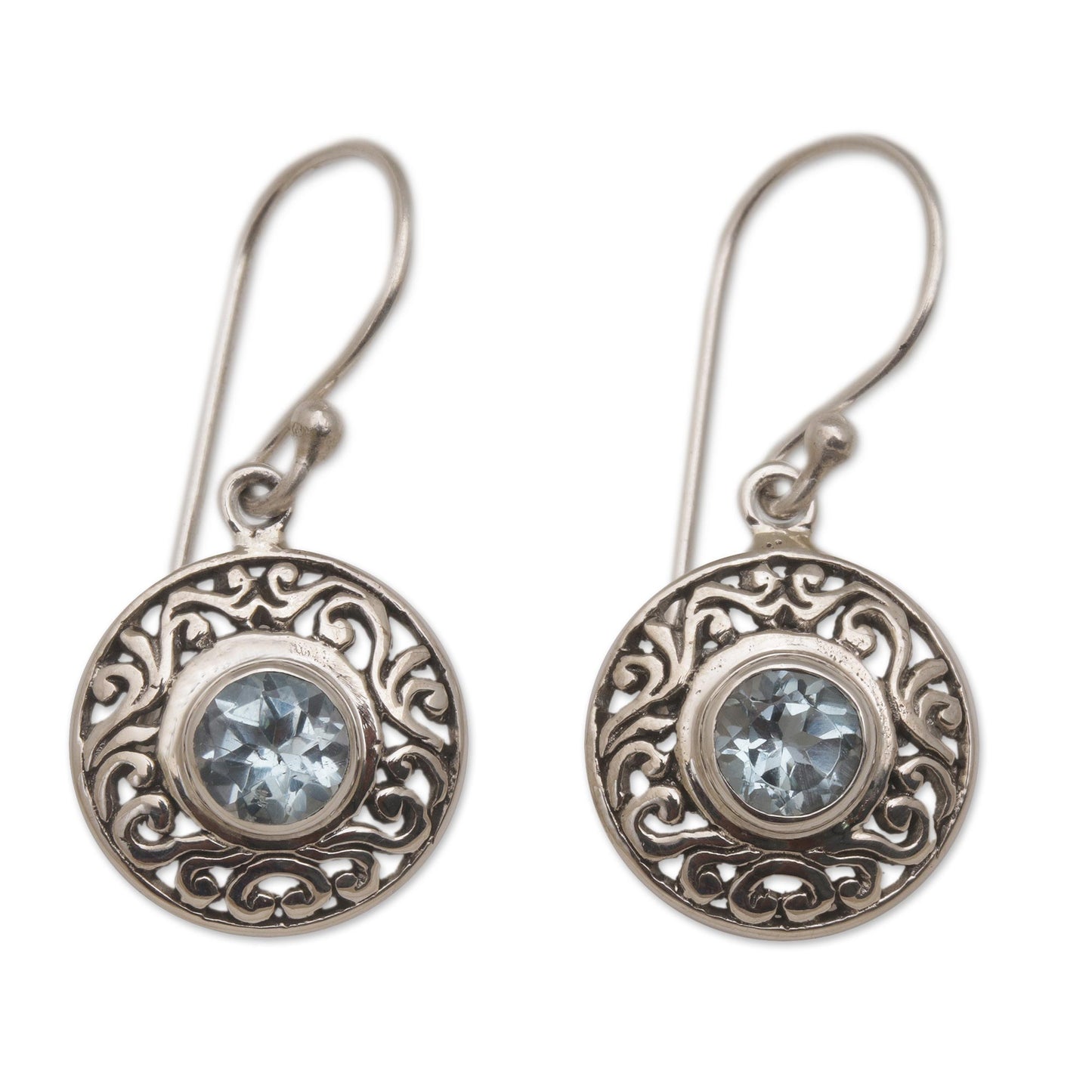 Dainty Shields Round Sterling Silver Earrings with Blue Topaz Gems