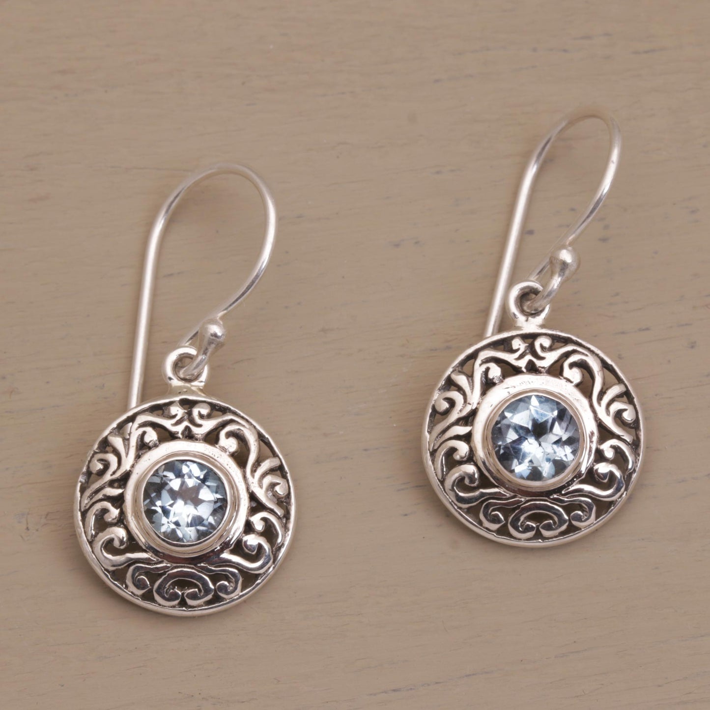 Dainty Shields Round Sterling Silver Earrings with Blue Topaz Gems