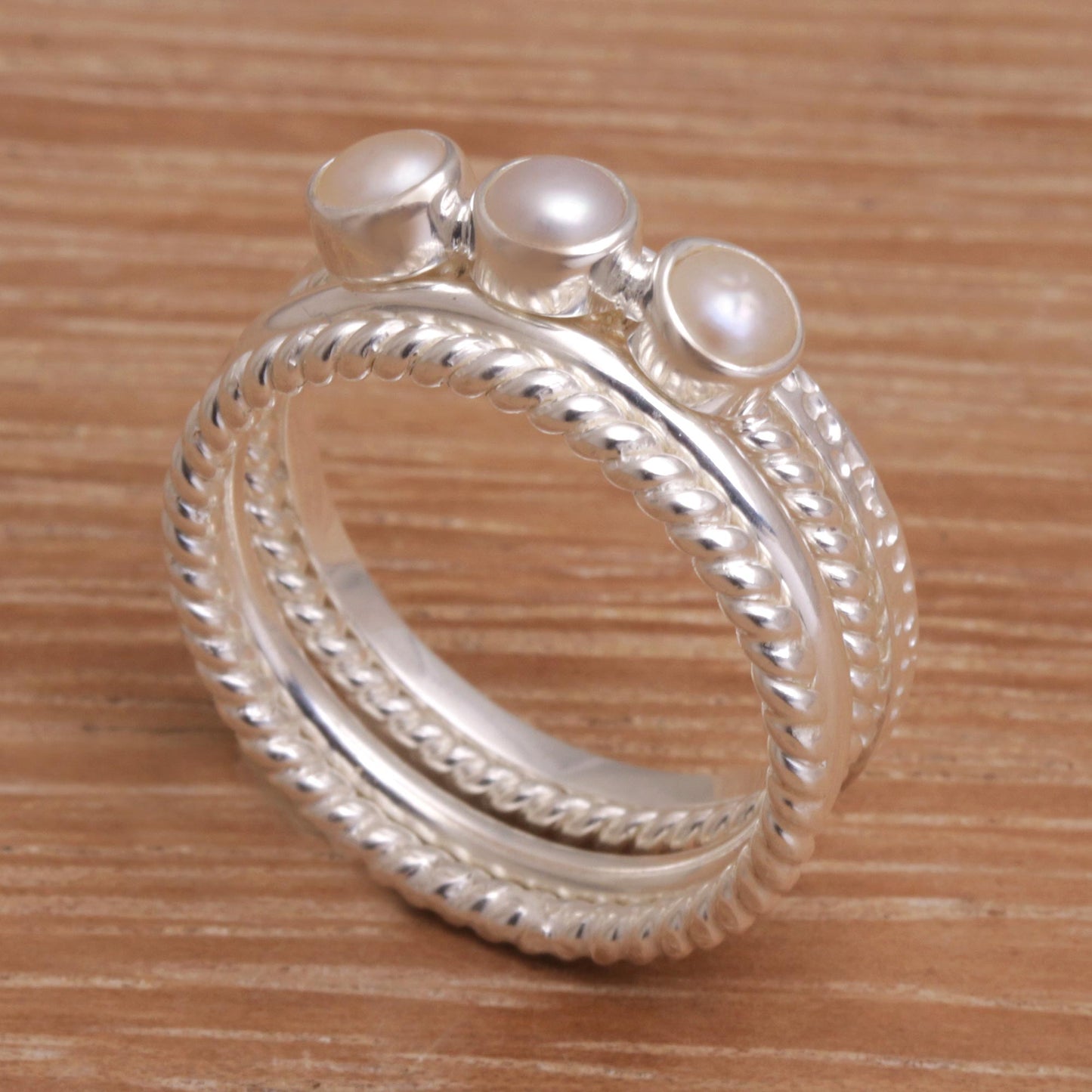 United Moons 925 Sterling Silver Cultured Pearl Stacking Rings (Set of 4)