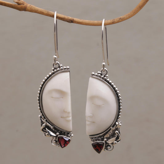 Half of My Soul Garnet Silver & Bone Dangle Earrings