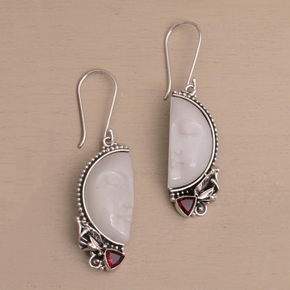 Half of My Soul Garnet Silver & Bone Dangle Earrings