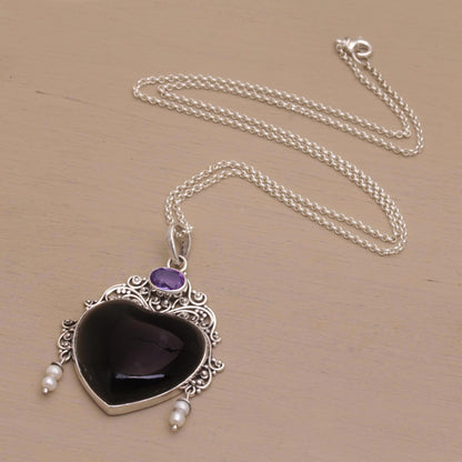 Love Like Midnight Amethyst Cultured Pearl Silver Black Bone Heart Necklace