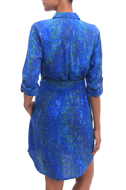 Ocean Orchid Rayon Batik Shirtdress in Blue and Green Floral Print