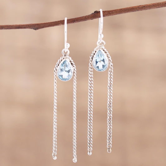 Sky Chains Teardrop Blue Topaz Dangle Earrings from India