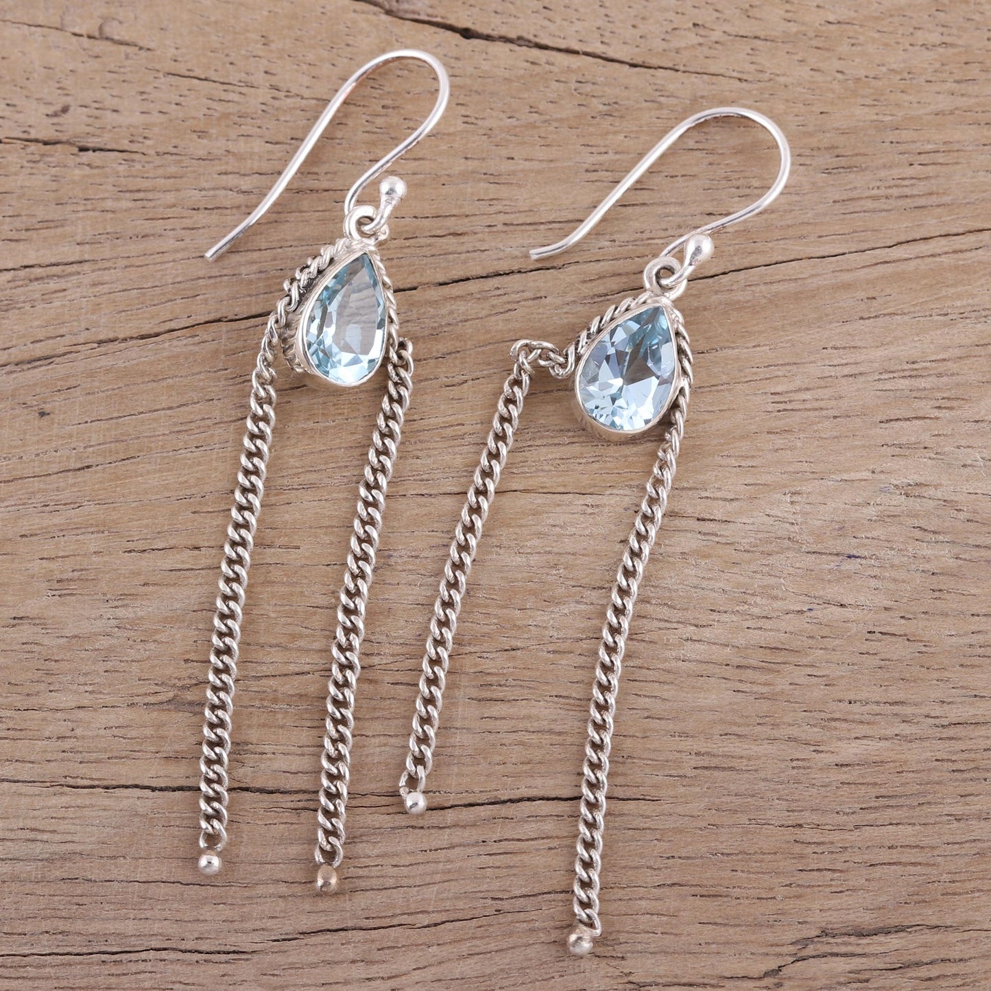 Sky Chains Teardrop Blue Topaz Dangle Earrings from India