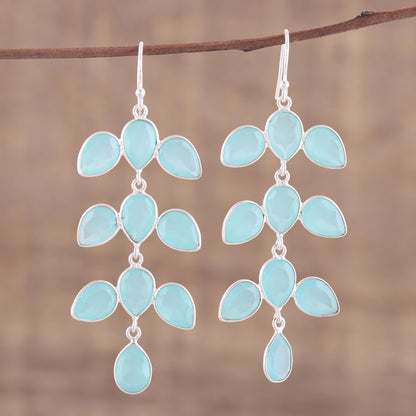 Leaf Cascade Long Aqua Blue Chalcedony Chandelier Earrings