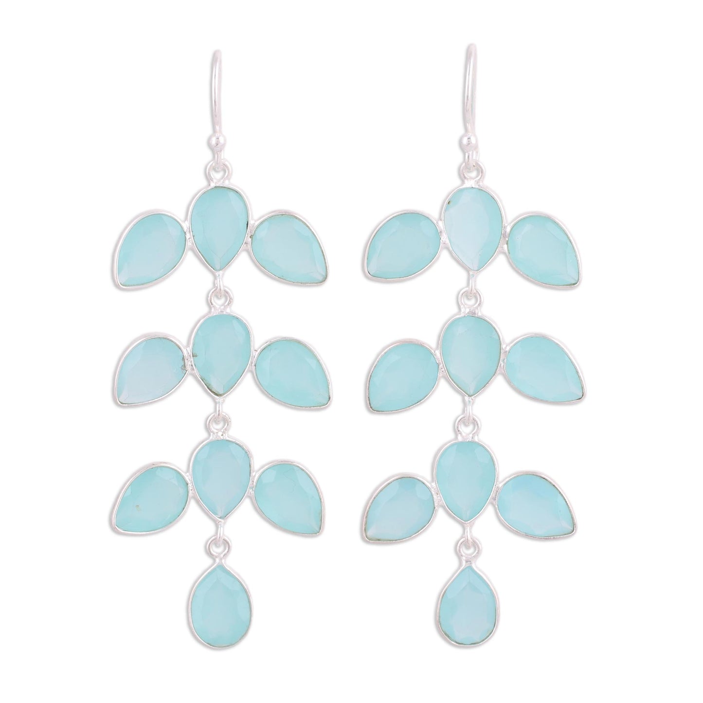 Leaf Cascade Long Aqua Blue Chalcedony Chandelier Earrings