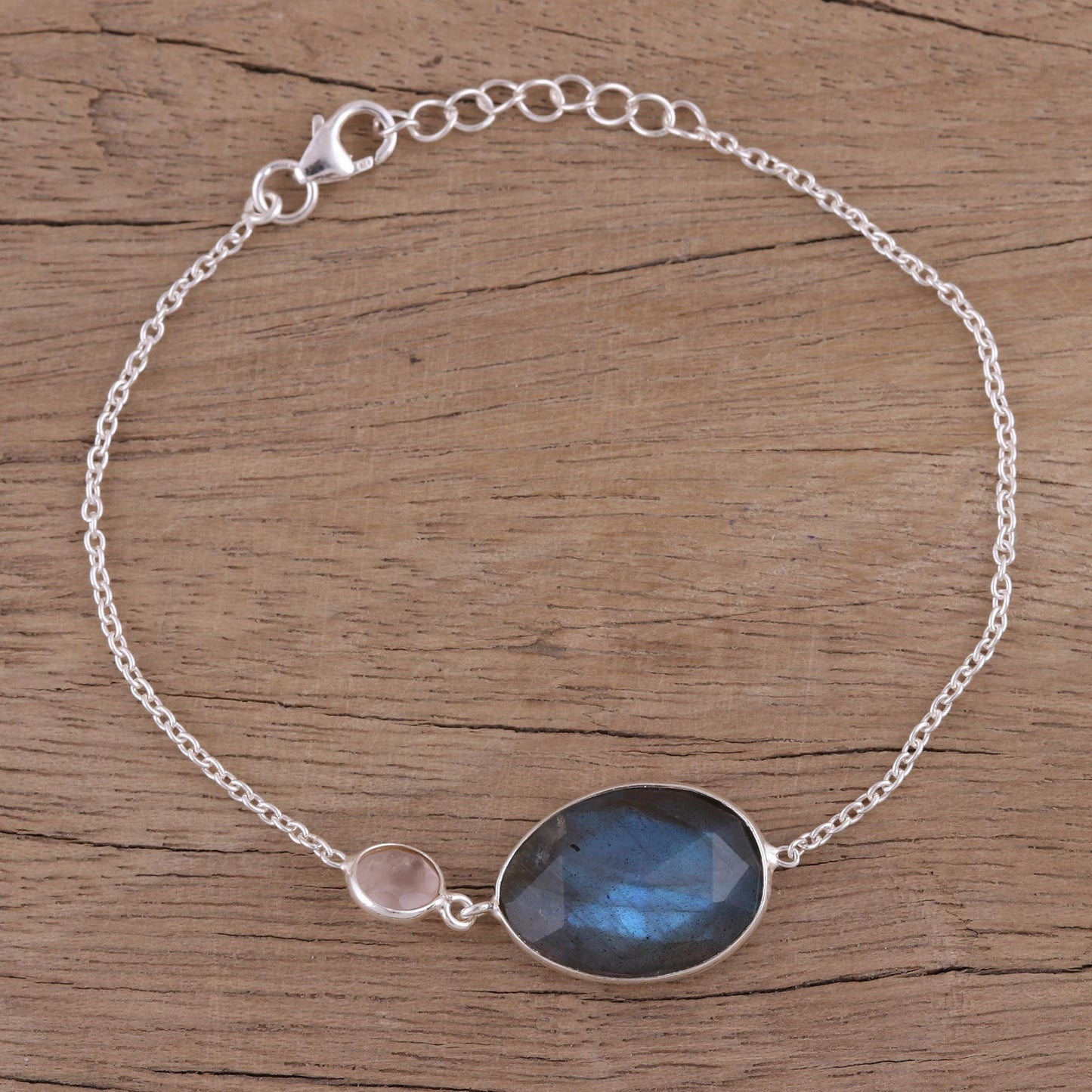 Mist and Mystery Sterling Silver Labradorite and Rose Quartz Pendant Bracelet