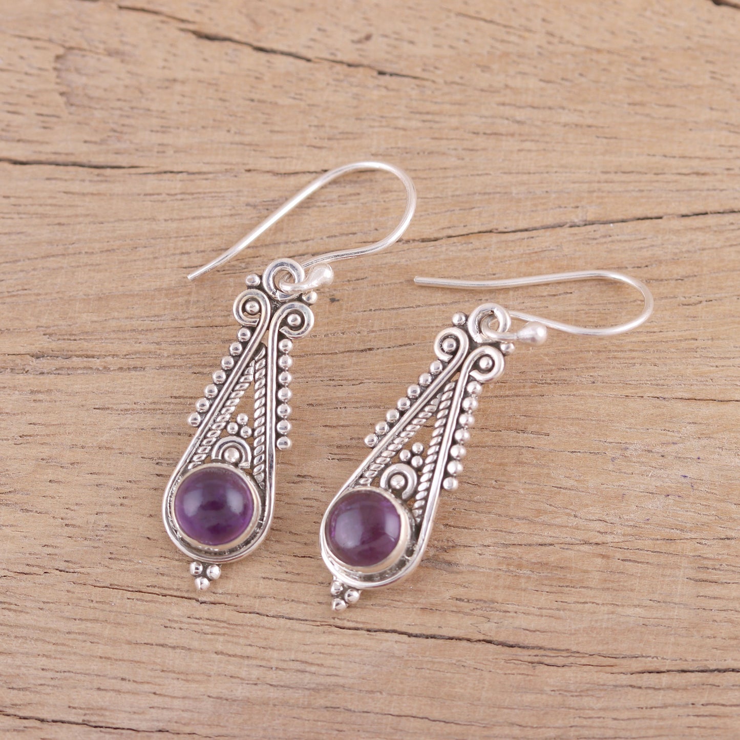 Regal Peaks Pointed Amethyst Dangle Earrings from India