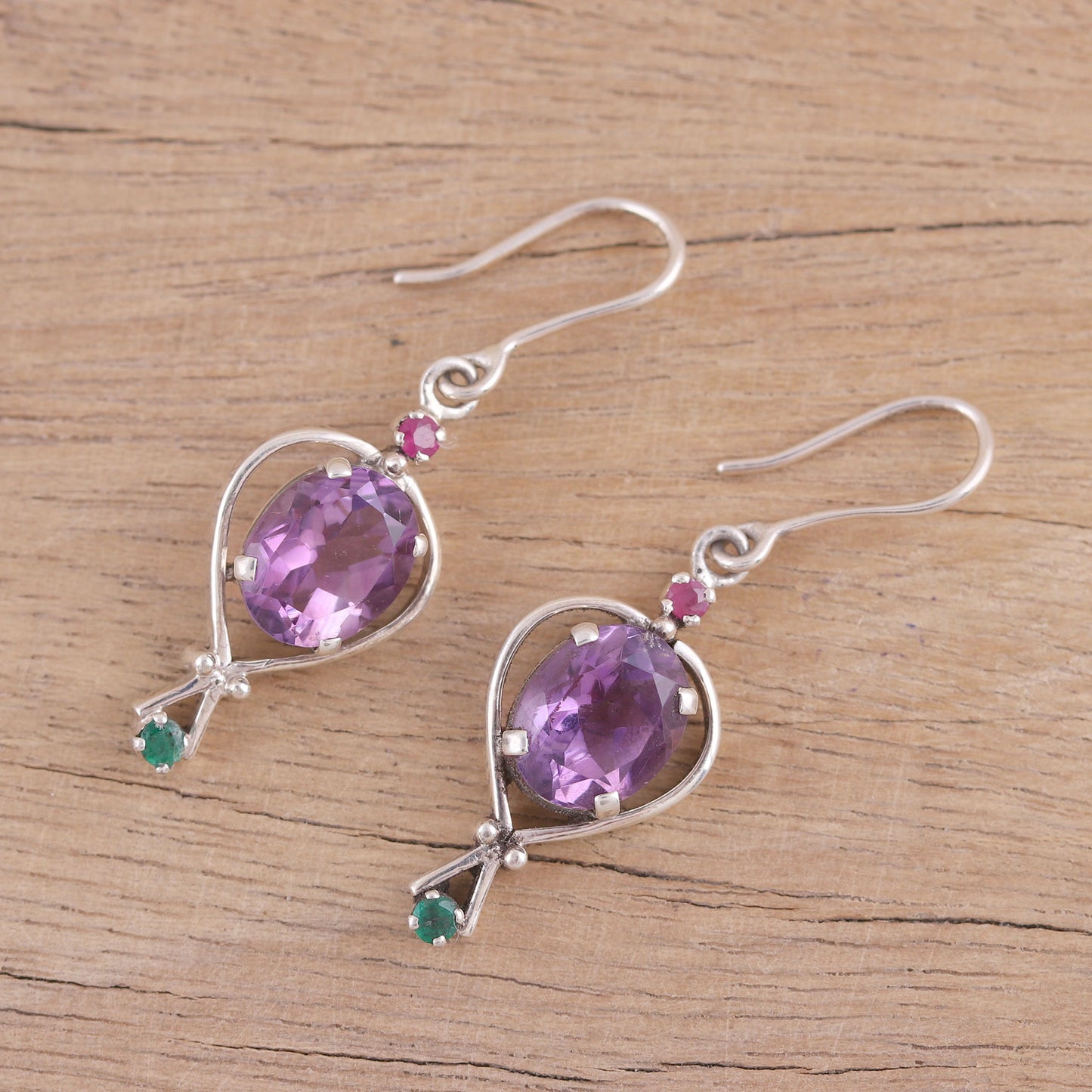 Sparkling Allure Amethyst Emerald and Ruby Dangle Earrings from India