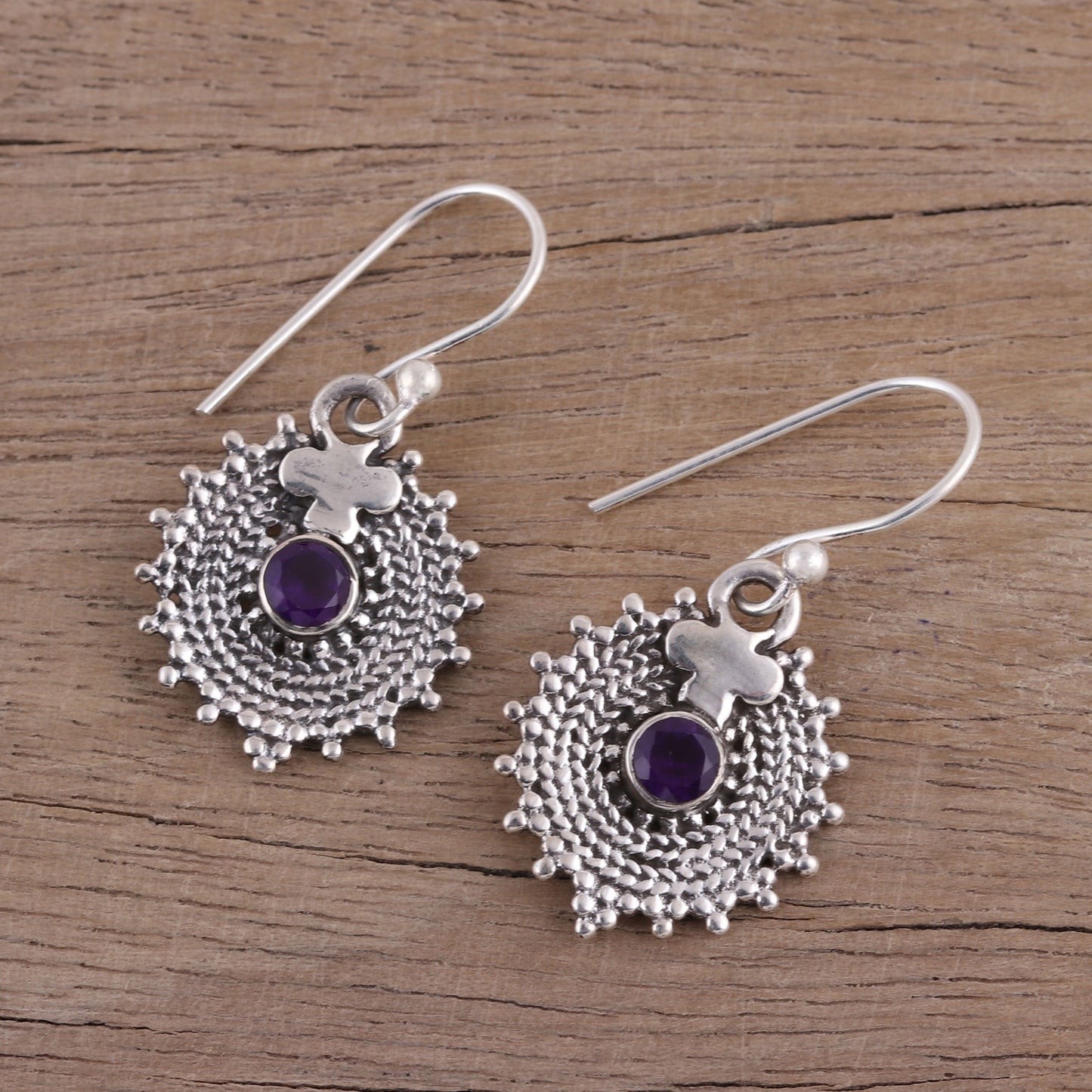 Purple Sunbeams Indian Amethyst and Sterling Silver Round Dangle Earrings