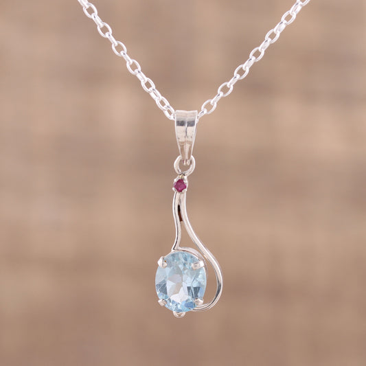 Enthralling Sky Blue Topaz and Ruby Pendant Necklace from India