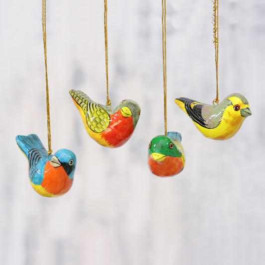 Chirping Sparrows Four Colorful Papier Mache Bird Ornaments from India