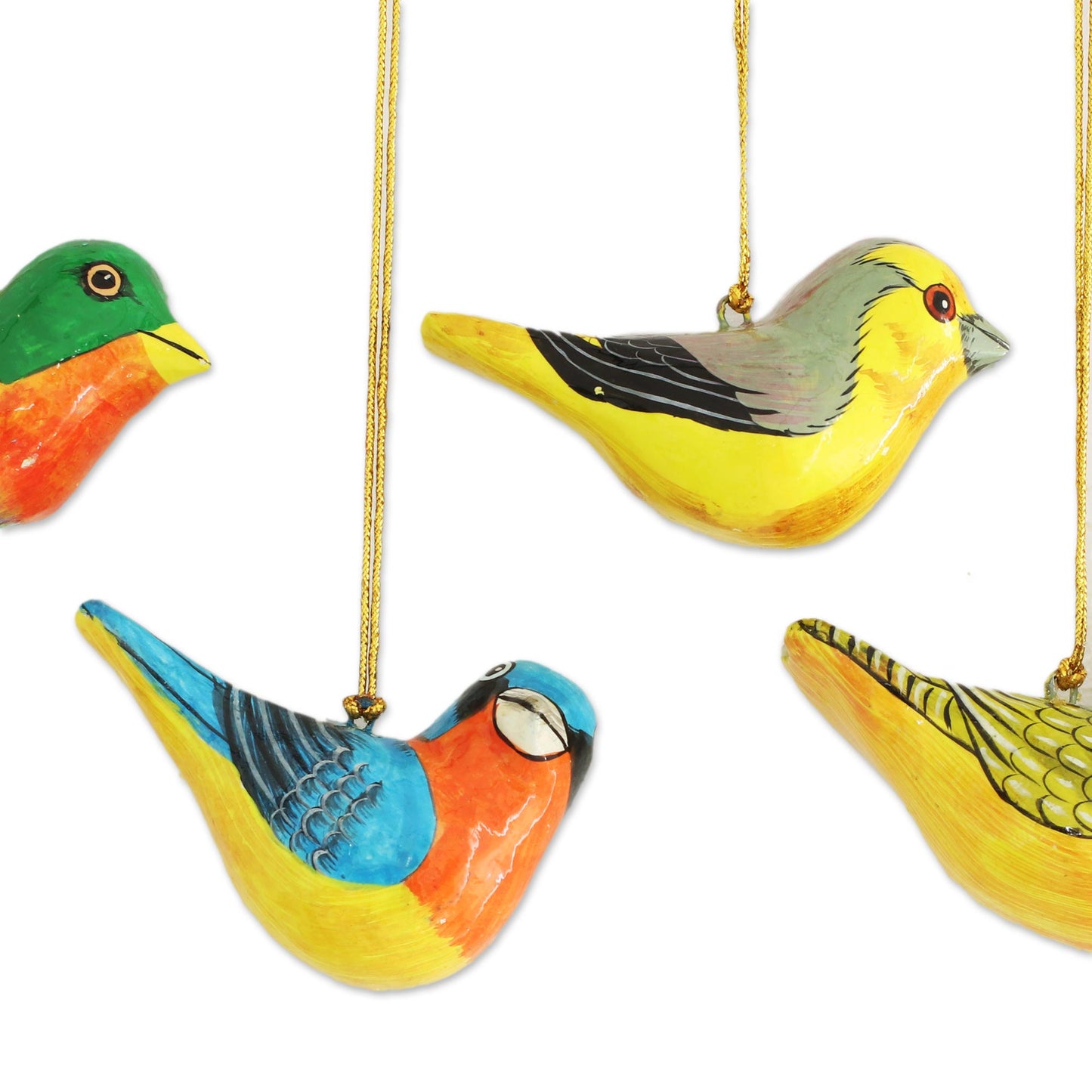 Chirping Sparrows Four Colorful Papier Mache Bird Ornaments from India