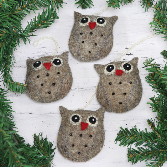 Midnight Quartet Set of Four Handcrafted Wool Owl Ornaments from India