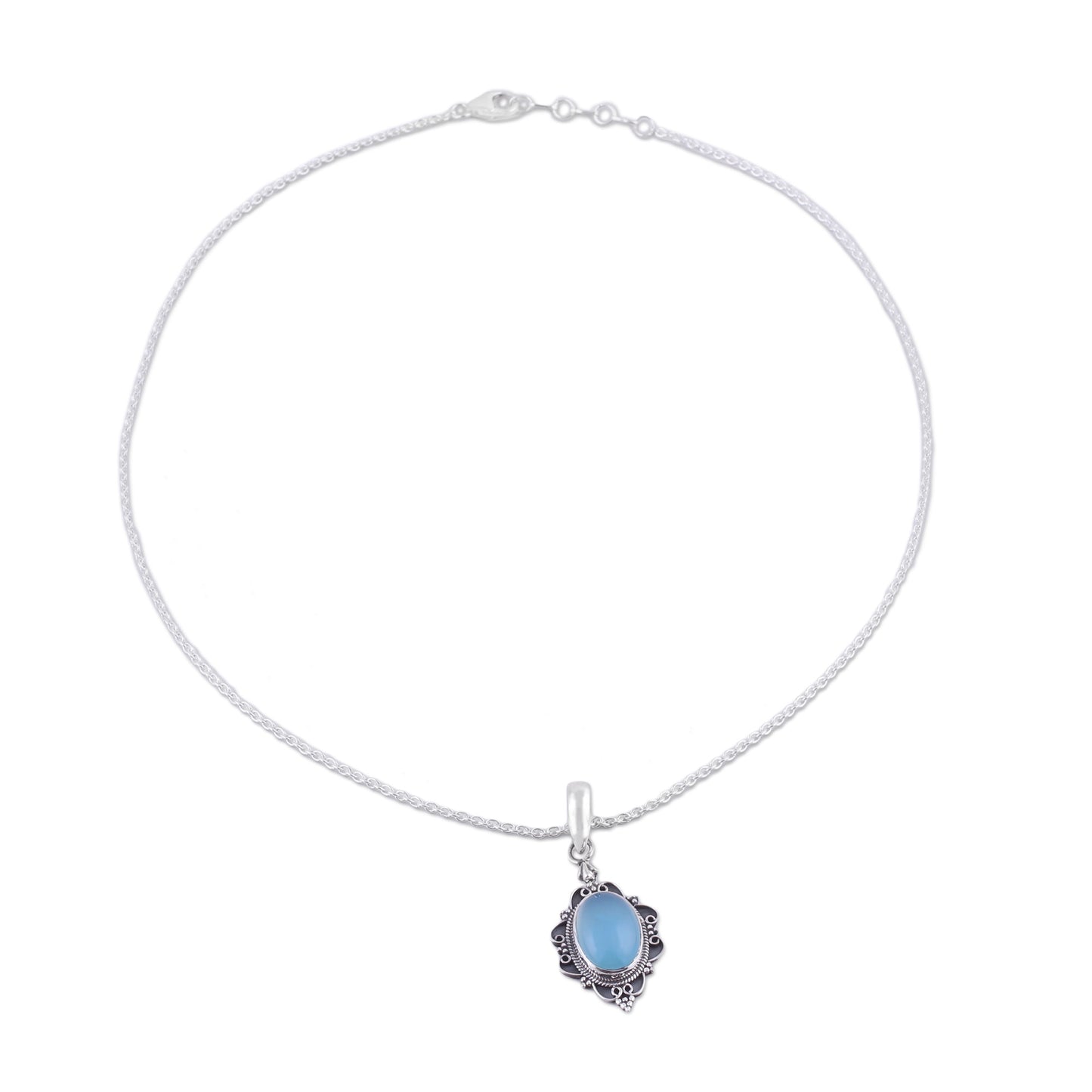 Blue Damsel Oval Shaped Chalcedony and Sterling Silver Pendant Necklace