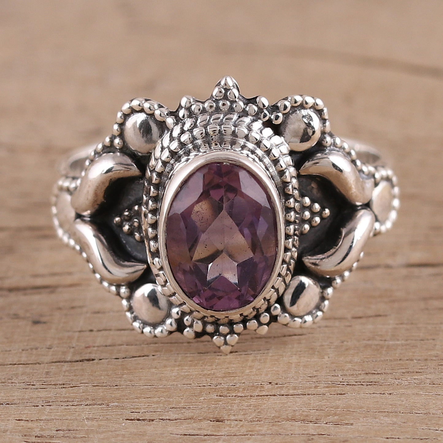 Ethereal Tendrils Oval Amethyst and Sterling Silver Cocktail Ring from India