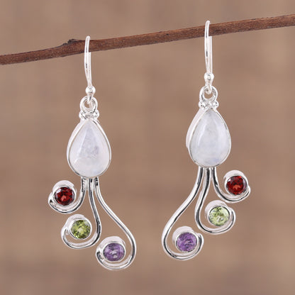 Colorful Shower Multi-Gemstone and Silver Dangle Earrings from India