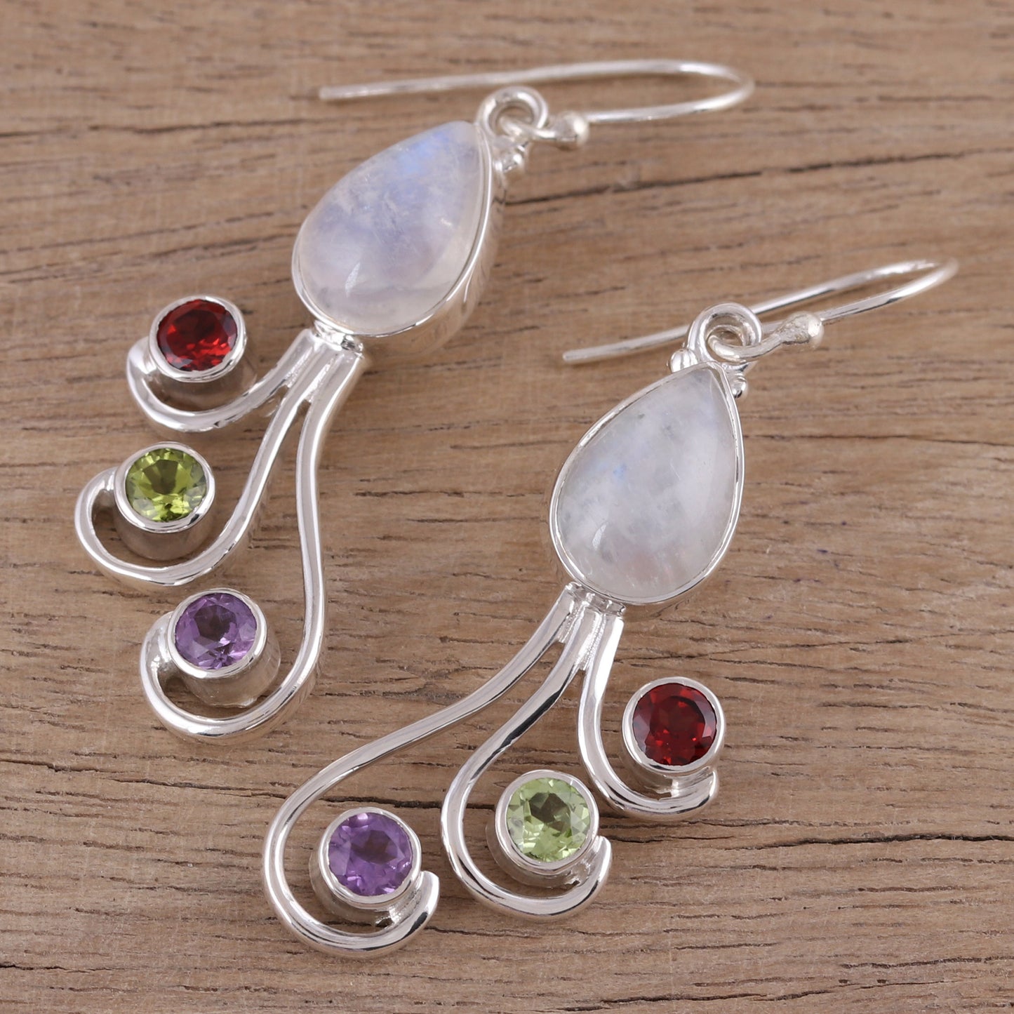 Colorful Shower Multi-Gemstone and Silver Dangle Earrings from India