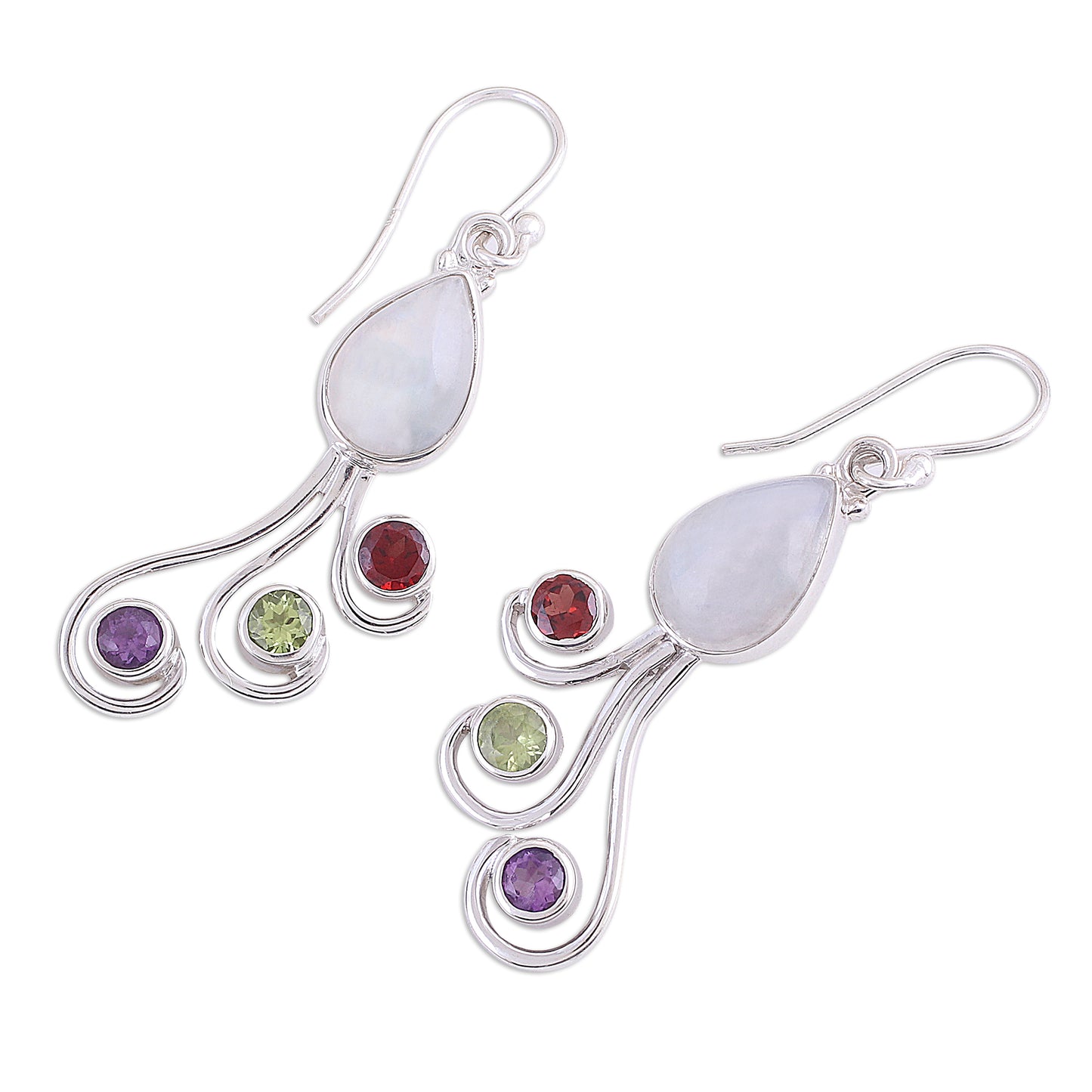 Colorful Shower Multi-Gemstone and Silver Dangle Earrings from India