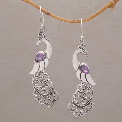 Merak Amethyst and Sterling Silver Peafowl Dangle Earrings