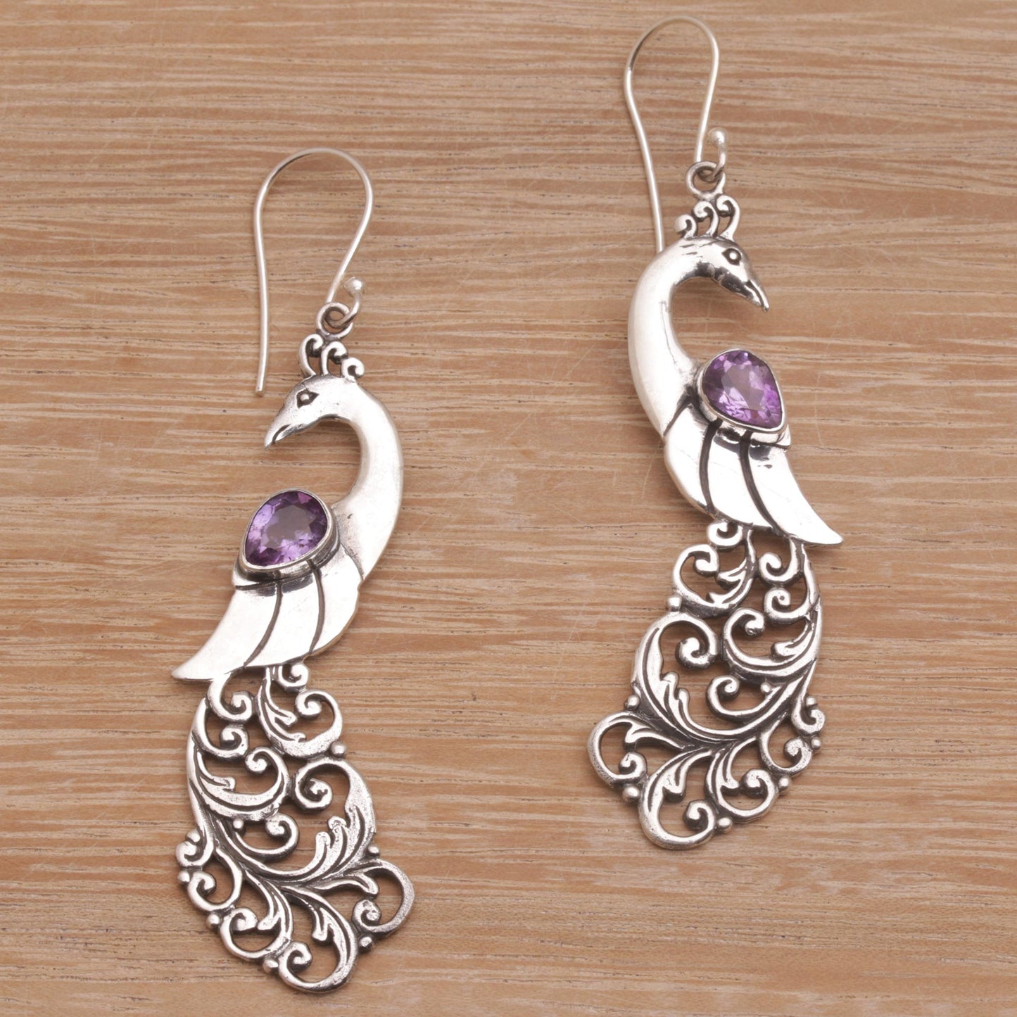 Merak Amethyst and Sterling Silver Peafowl Dangle Earrings