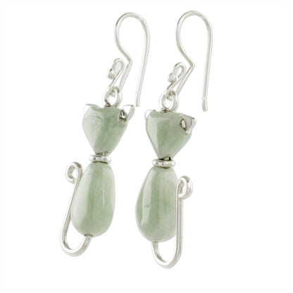 Cats of Love in Light Green Jade Cat Dangle Earrings in Light Green from Guatemala