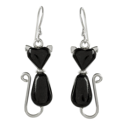 Cats of Love in Black Jade Cat Dangle Earrings in Black from Guatemala