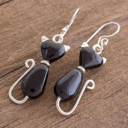 Cats of Love in Black Jade Cat Dangle Earrings in Black from Guatemala