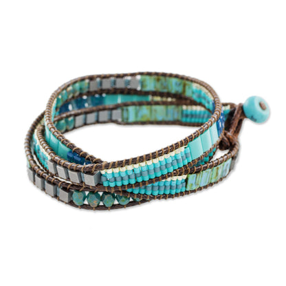 Mayan Monolith Glass Beaded Wrap Bracelet in Turquoise from Guatemala