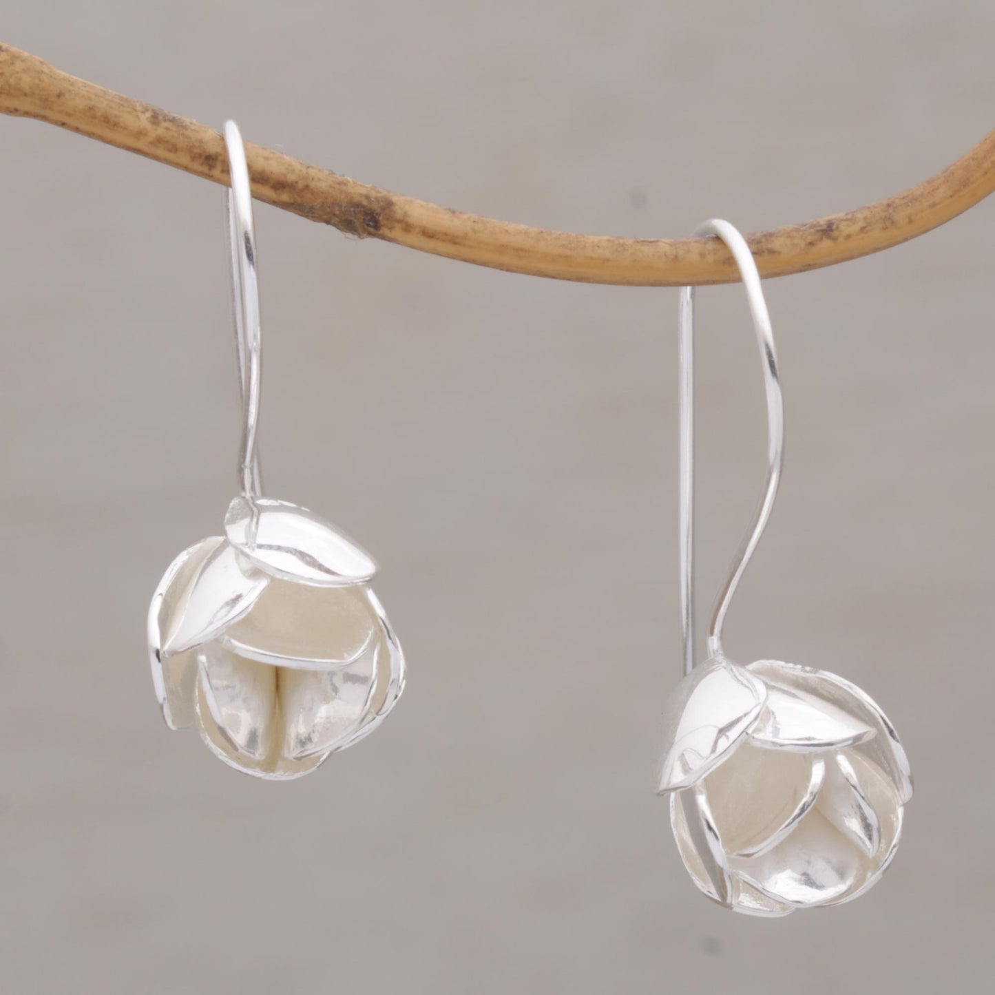 Modest Primrose Floral Drop Earrings in Sterling Silver from Bali