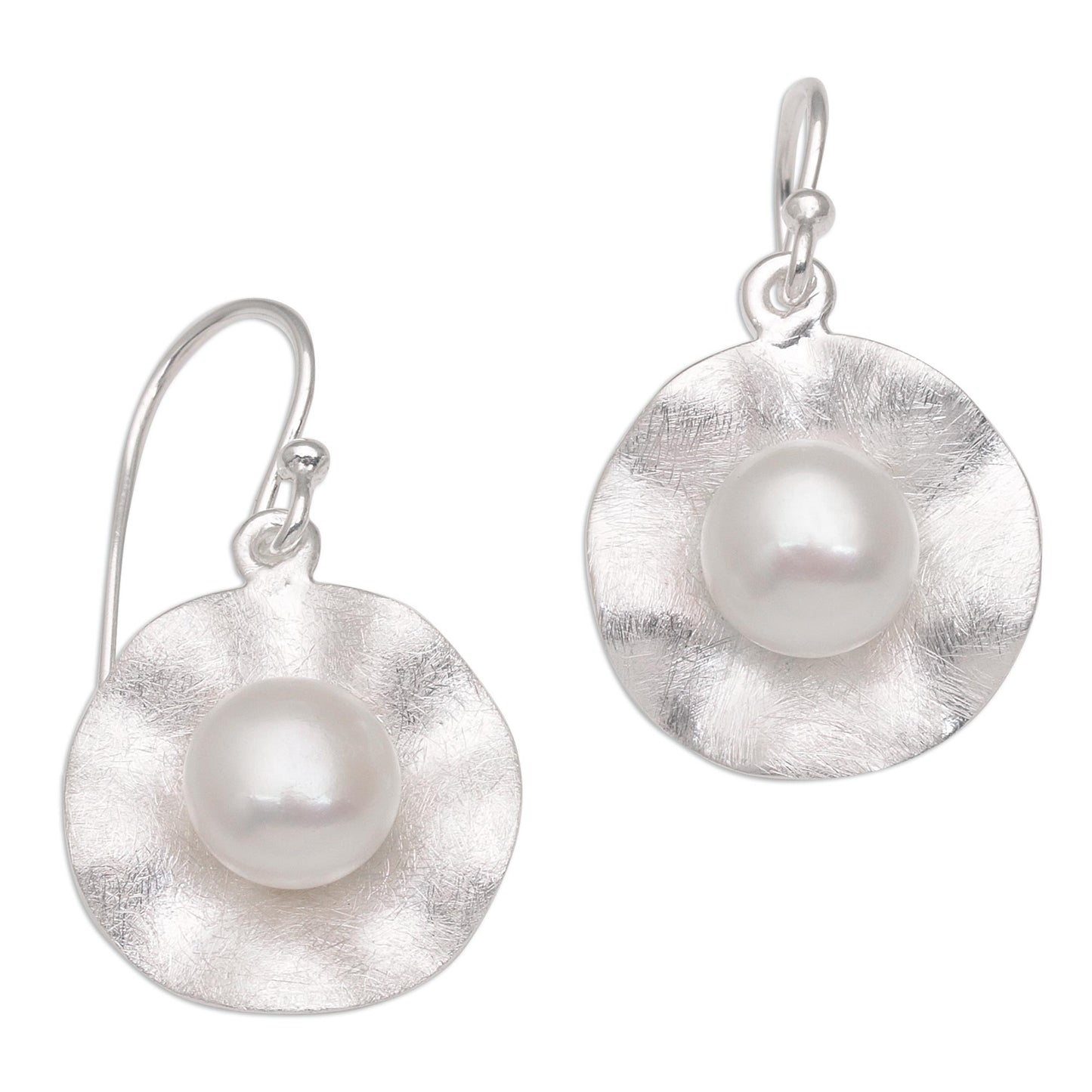 Lily Pad Glow Cultured Pearl and Brushed Sterling Silver Earrings