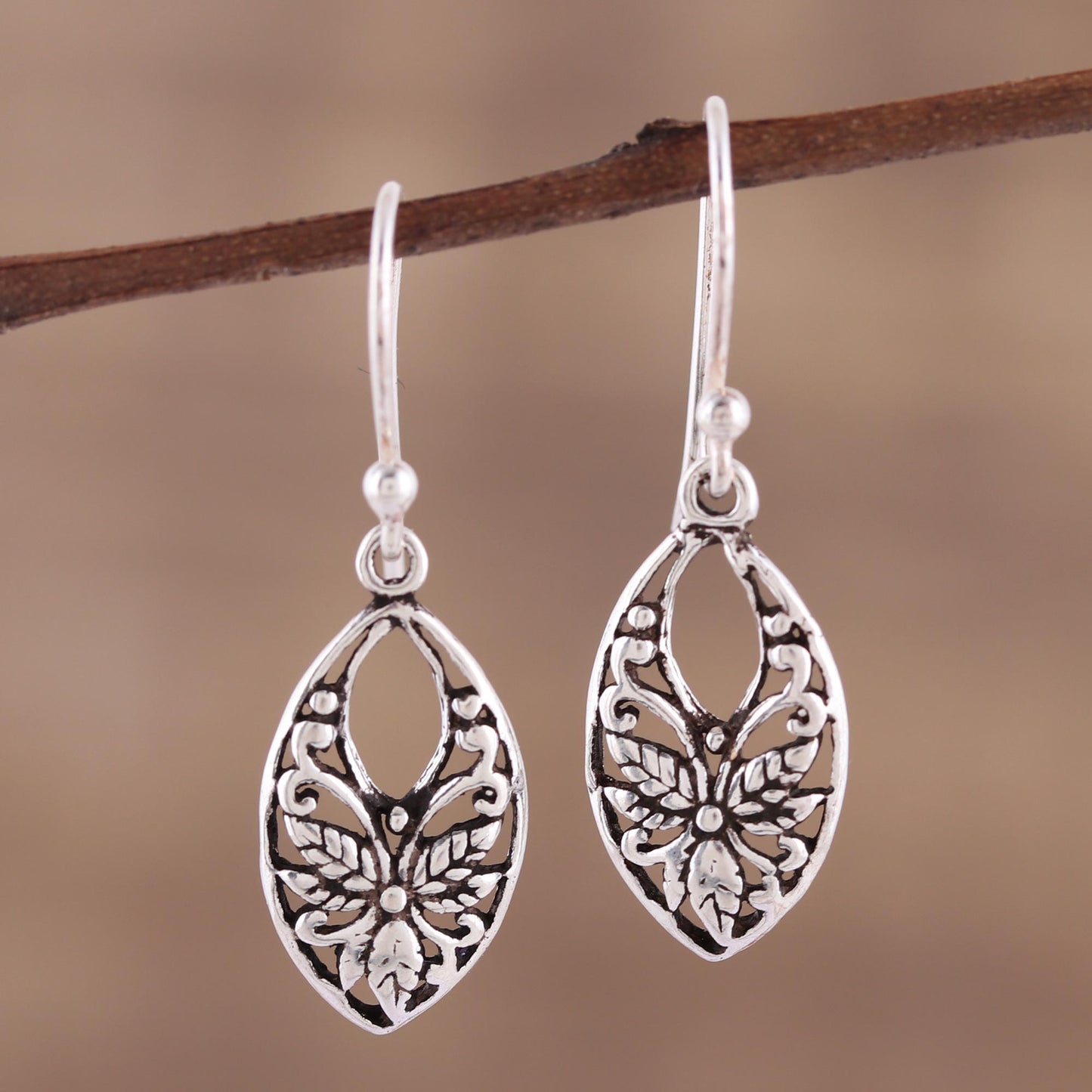 Bygone Flowers Leaf and Flower Themed Sterling Silver Dangle Earrings