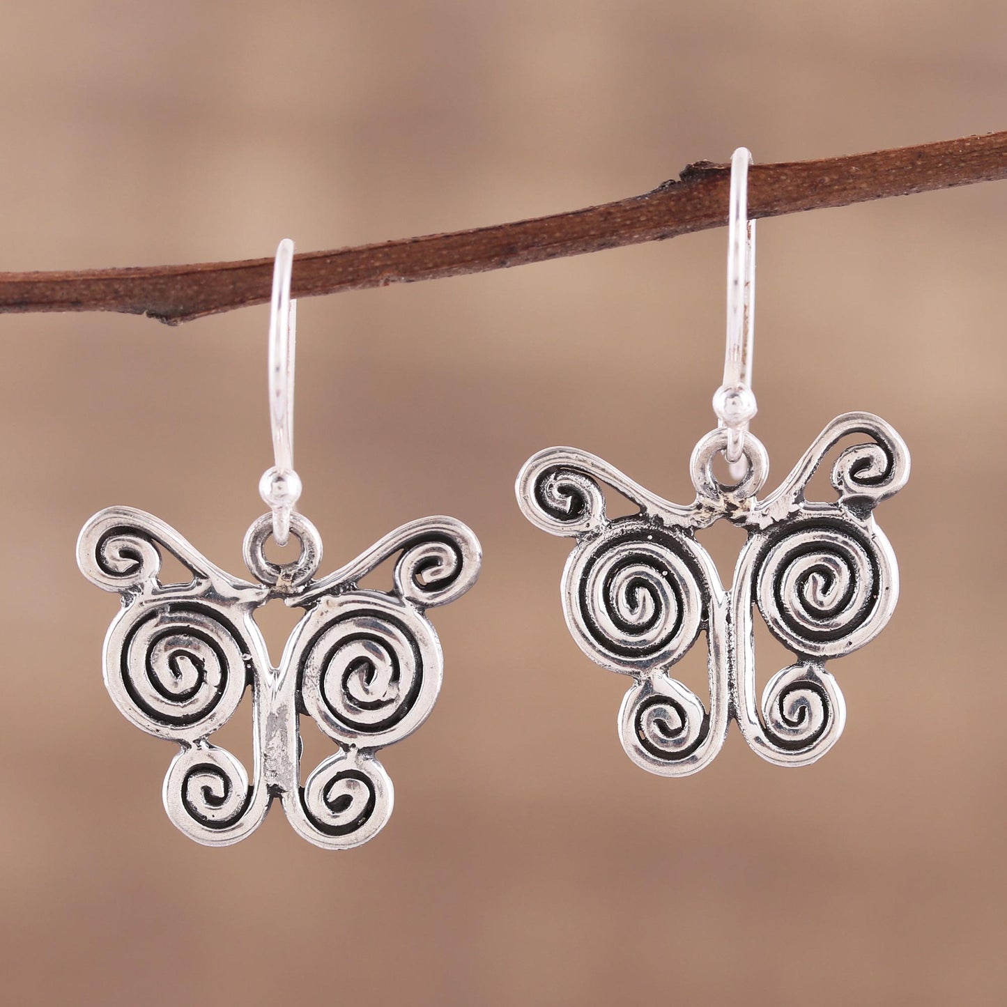 Butterfly Spiral Butterfly Themed Sterling Silver Dangle Earrings