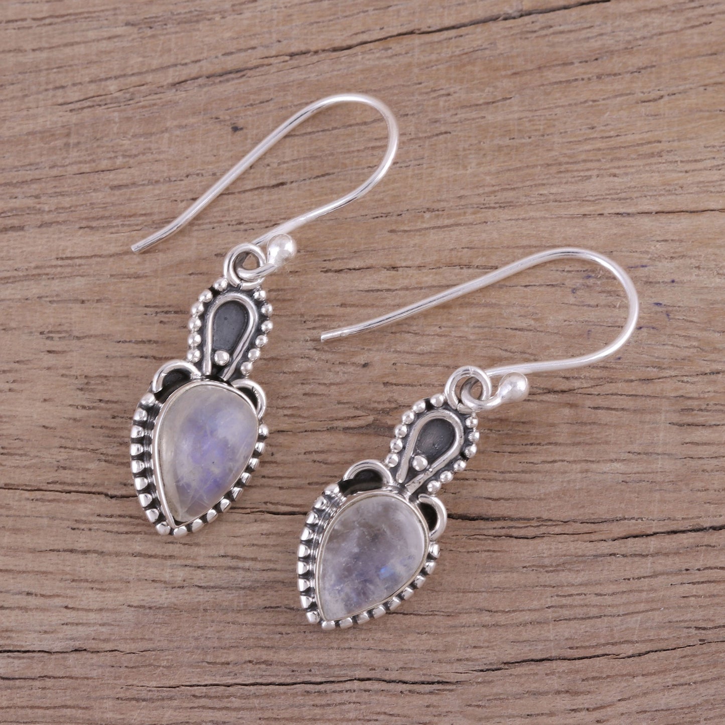 Earthly Crown Rainbow Moonstone Cabochon and Sterling Silver Earrings